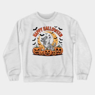 Halloween Wolf Pup Howling with Pumpkins and Moon Crewneck Sweatshirt