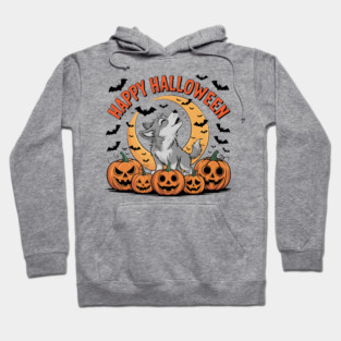 Halloween Wolf Pup Howling with Pumpkins and Moon Hoodie