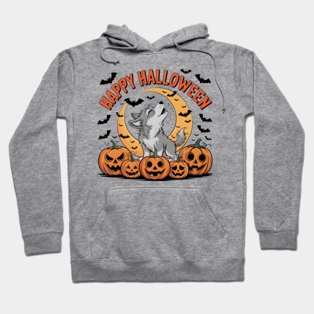 Halloween Wolf Pup Howling with Pumpkins and Moon Hoodie by BirdsnStuff