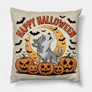 Halloween Wolf Pup Howling with Pumpkins and Moon Pillow