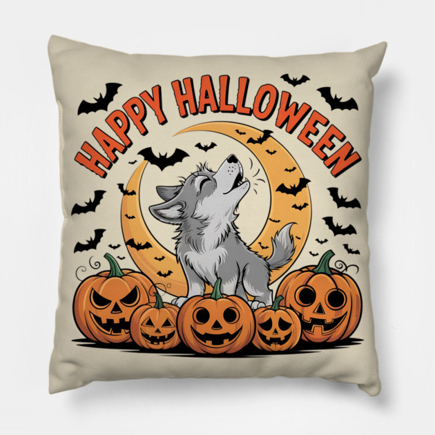Halloween Wolf Pup Howling with Pumpkins and Moon Pillow by BirdsnStuff