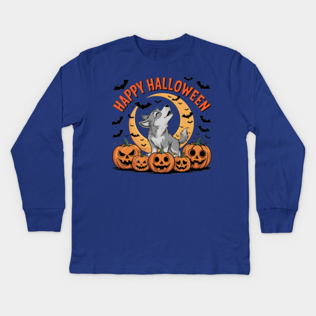 Halloween Wolf Pup Howling with Pumpkins and Moon Kids Long Sleeve T-Shirt by BirdsnStuff