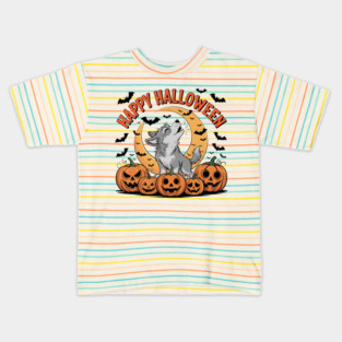 Halloween Wolf Pup Howling with Pumpkins and Moon Kids T-Shirt