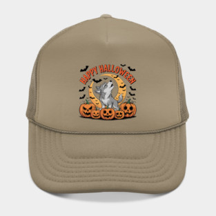 Halloween Wolf Pup Howling with Pumpkins and Moon Hat