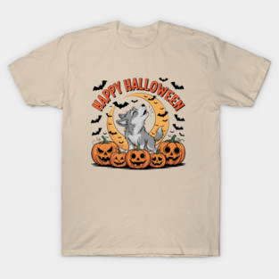 Halloween Wolf Pup Howling with Pumpkins and Moon T-Shirt
