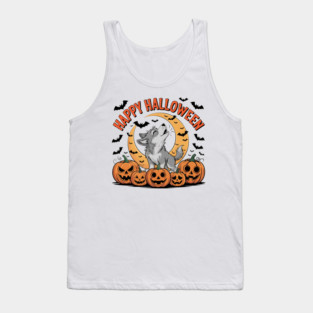 Halloween Wolf Pup Howling with Pumpkins and Moon Tank Top