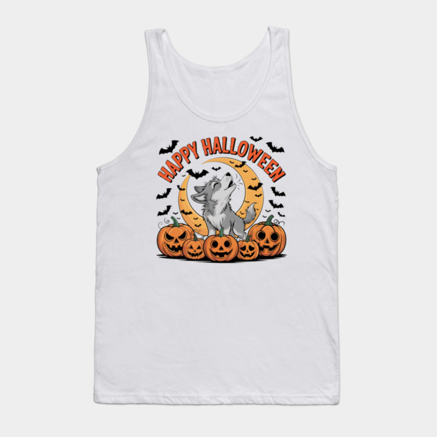Halloween Wolf Pup Howling with Pumpkins and Moon Tank Top by BirdsnStuff