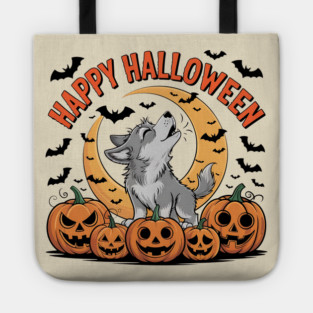 Halloween Wolf Pup Howling with Pumpkins and Moon Tote