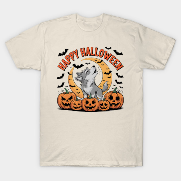 Halloween Wolf Pup Howling with Pumpkins and Moon T-Shirt by BirdsnStuff