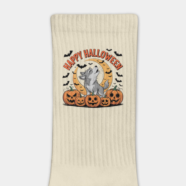 Halloween Wolf Pup Howling with Pumpkins and Moon by BirdsnStuff