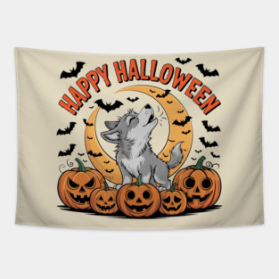 Halloween Wolf Pup Howling with Pumpkins and Moon Tapestry