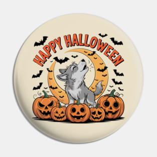 Halloween Wolf Pup Howling with Pumpkins and Moon Pin