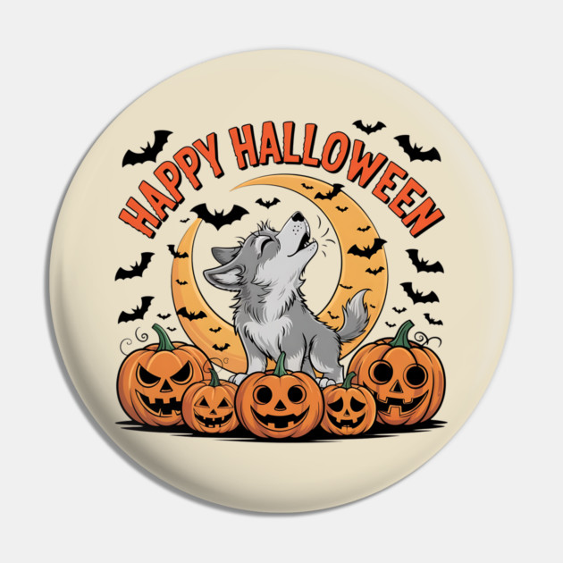 Halloween Wolf Pup Howling with Pumpkins and Moon Pin by BirdsnStuff