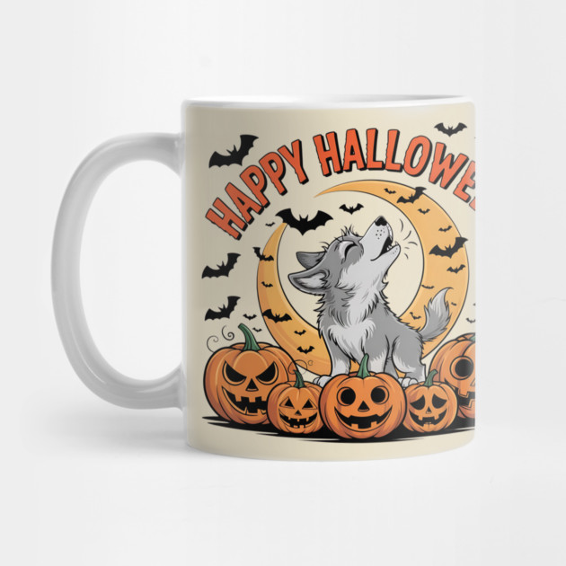 Halloween Wolf Pup Howling with Pumpkins and Moon by BirdsnStuff