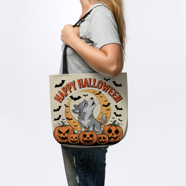 Halloween Wolf Pup Howling with Pumpkins and Moon by BirdsnStuff