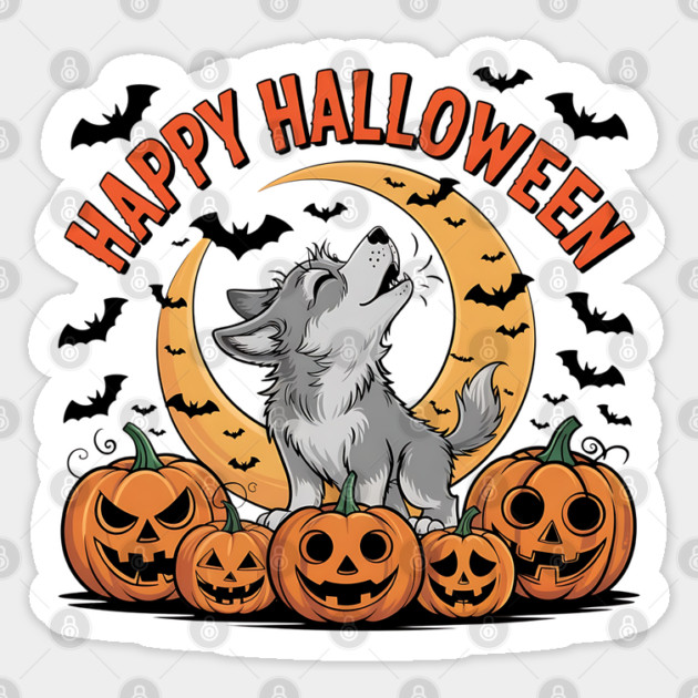 Halloween Wolf Pup Howling with Pumpkins and Moon Sticker by BirdsnStuff