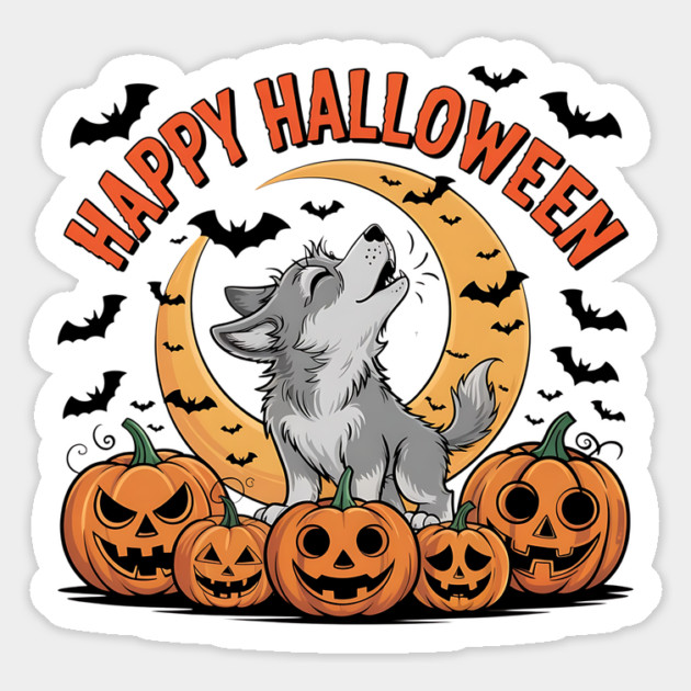 Halloween Wolf Pup Howling with Pumpkins and Moon Magnet by BirdsnStuff