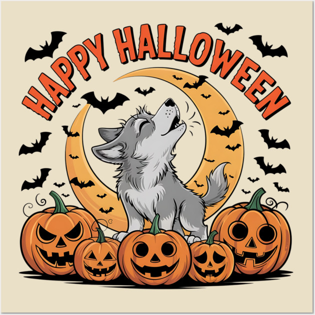 Halloween Wolf Pup Howling with Pumpkins and Moon Wall Art by BirdsnStuff