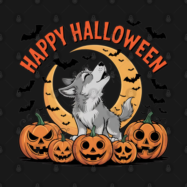 Halloween Wolf Pup Howling with Pumpkins and Moon by BirdsnStuff