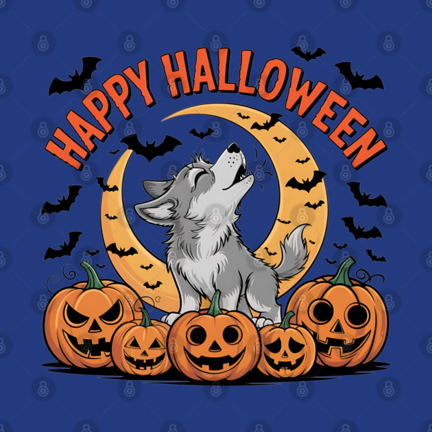Halloween Wolf Pup Howling with Pumpkins and Moon by BirdsnStuff