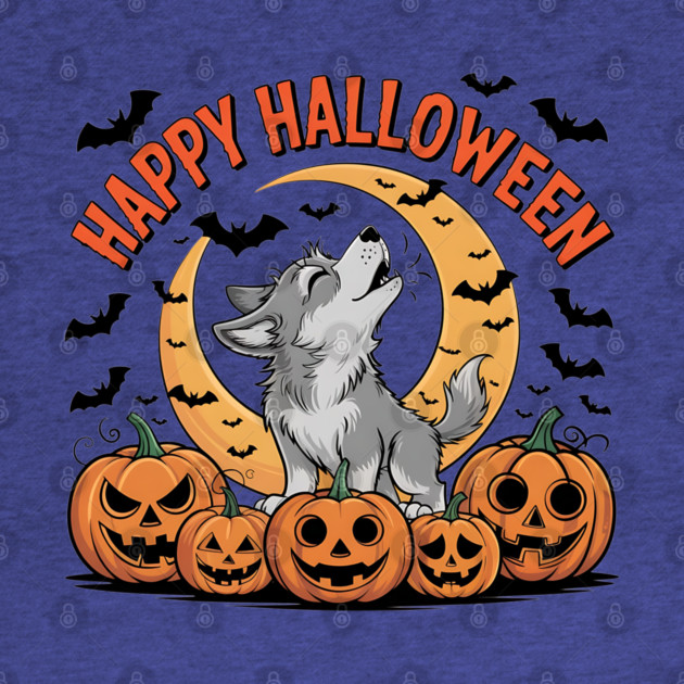 Halloween Wolf Pup Howling with Pumpkins and Moon by BirdsnStuff