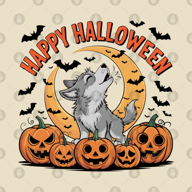 Halloween Wolf Pup Howling with Pumpkins and Moon by BirdsnStuff