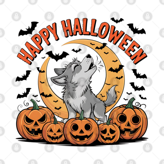 Halloween Wolf Pup Howling with Pumpkins and Moon by BirdsnStuff