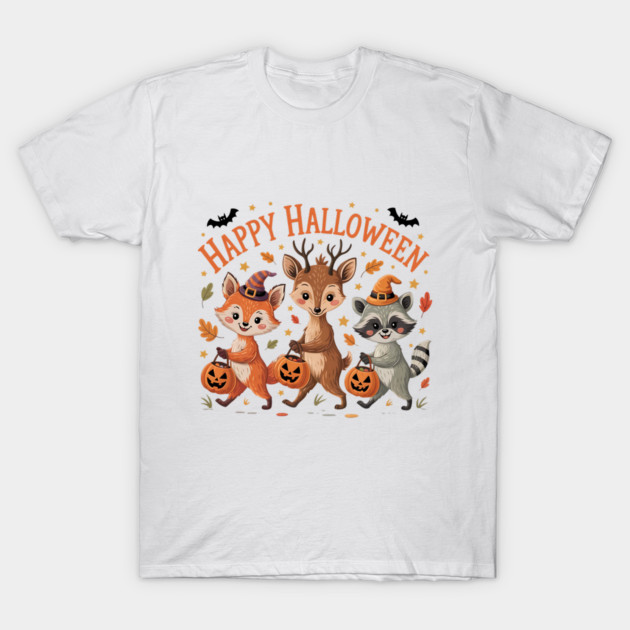 Adorable Fox, Deer, and Raccoon in Halloween Costumes T-Shirt by BirdsnStuff