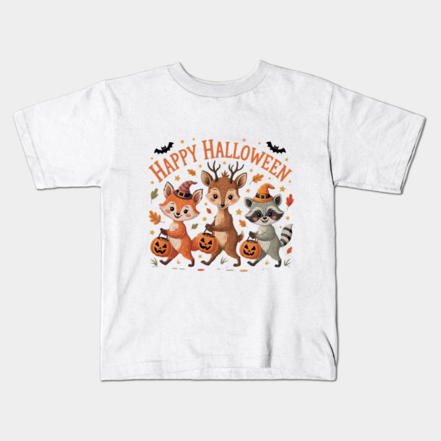 Adorable Fox, Deer, and Raccoon in Halloween Costumes Kids T-Shirt by BirdsnStuff