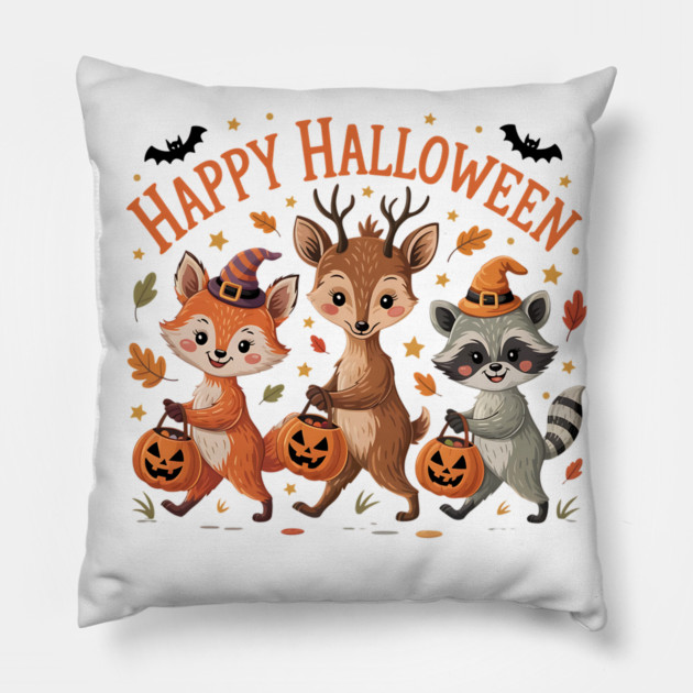 Adorable Fox, Deer, and Raccoon in Halloween Costumes Pillow by BirdsnStuff