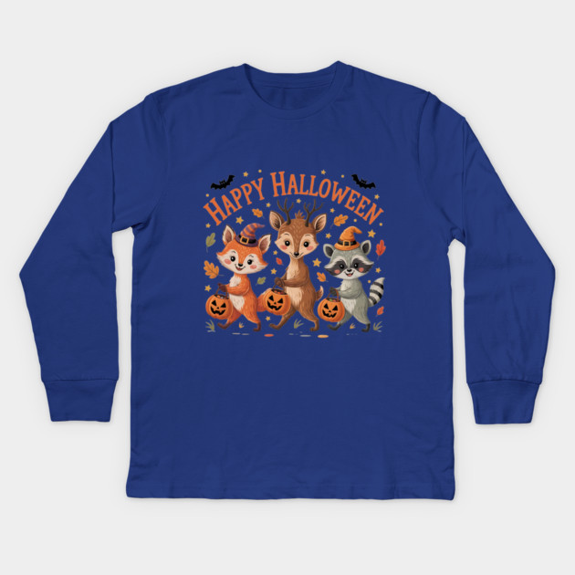 Adorable Fox, Deer, and Raccoon in Halloween Costumes Kids Long Sleeve T-Shirt by BirdsnStuff