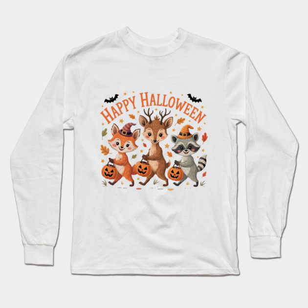 Adorable Fox, Deer, and Raccoon in Halloween Costumes Long Sleeve T-Shirt by BirdsnStuff