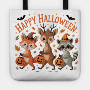 Adorable Fox, Deer, and Raccoon in Halloween Costumes Tote