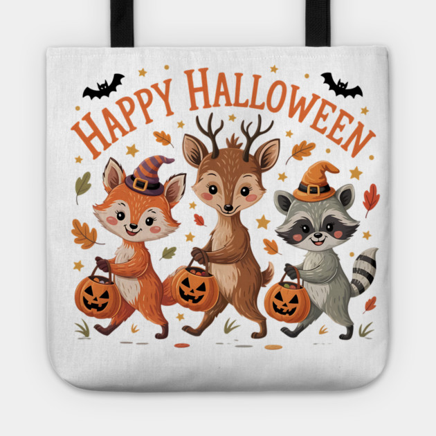 Adorable Fox, Deer, and Raccoon in Halloween Costumes Tote by BirdsnStuff