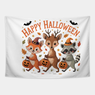 Adorable Fox, Deer, and Raccoon in Halloween Costumes Tapestry