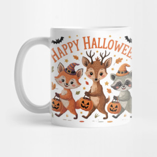 Adorable Fox, Deer, and Raccoon in Halloween Costumes Mug