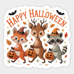 Adorable Fox, Deer, and Raccoon in Halloween Costumes Sticker