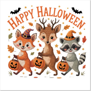 Adorable Fox, Deer, and Raccoon in Halloween Costumes Posters and Art