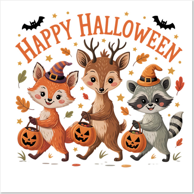 Adorable Fox, Deer, and Raccoon in Halloween Costumes Wall Art by BirdsnStuff
