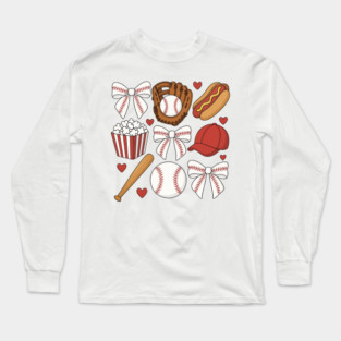 Coquette Baseball Bow | Cute Game Day Gift for Girls, Cheer Moms & Baseball Mamas Long Sleeve T-Shirt