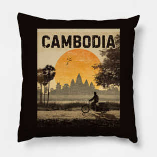 A Vintage Illustration of Cambodia Pillow