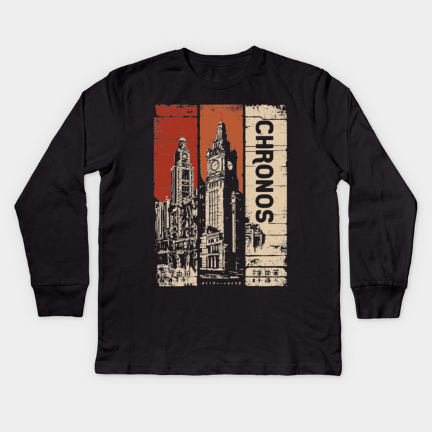 Chronos – Time Travel Aesthetic Vintage Clock Tower Poster Kids Long Sleeve T-Shirt by TuncGK