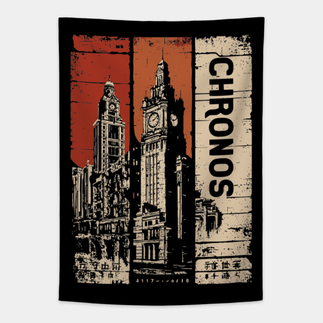 Chronos – Time Travel Aesthetic Vintage Clock Tower Poster Tapestry by TuncGK