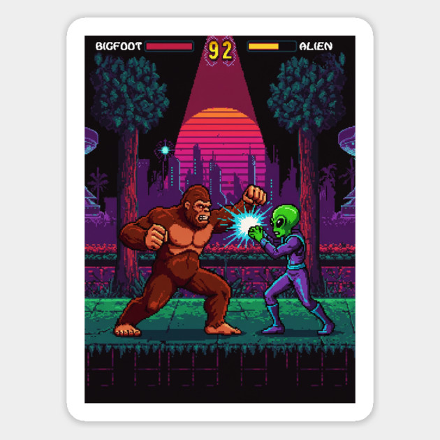Bigfoot and Alien, Arcade video game Magnet by Megadorim