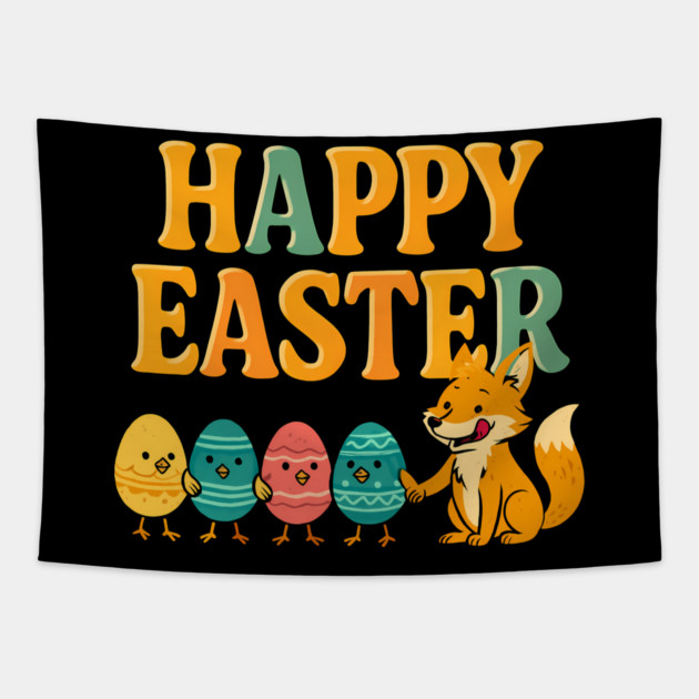 Happy Easter – Funny Egg Parade with Fox Illustration Tapestry by Hobby Helpers Merch