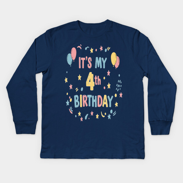 Four-tastic Birthday Tee - Officially Too Cool for Preschool - Joyful Fourth Birthday Stars Kids Long Sleeve T-Shirt by OUTFITPAW