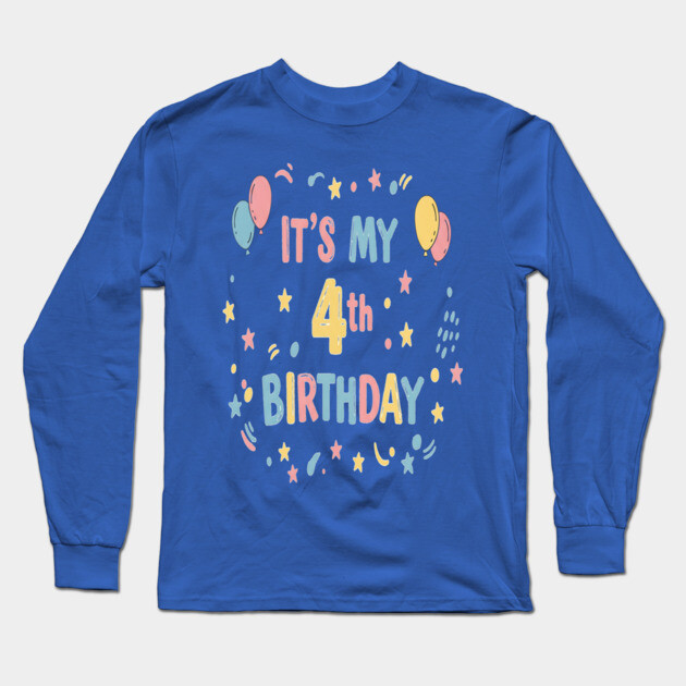 Four-tastic Birthday Tee - Officially Too Cool for Preschool - Joyful Fourth Birthday Stars Long Sleeve T-Shirt by OUTFITPAW