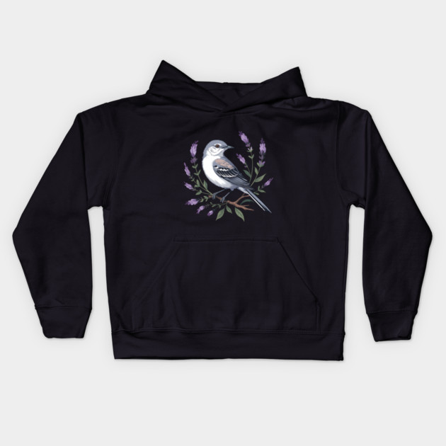 Northern Mockingbird Among Lavender Wildflowers Kids Hoodie by BirdsnStuff