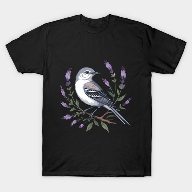 Northern Mockingbird Among Lavender Wildflowers T-Shirt by BirdsnStuff