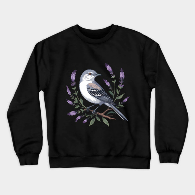 Northern Mockingbird Among Lavender Wildflowers Crewneck Sweatshirt by BirdsnStuff